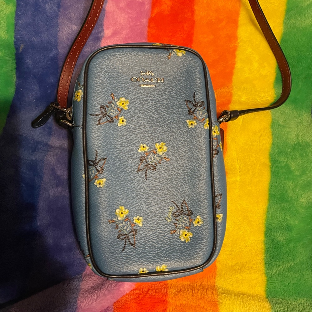 Coach North/South Blue Floral phone Crossbody Bag